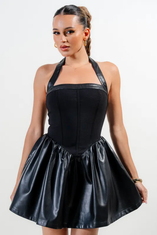 PD79022E / PLEATHER & STRETCH WOVEN HALTER FLARE MINI DRESS sold by privy