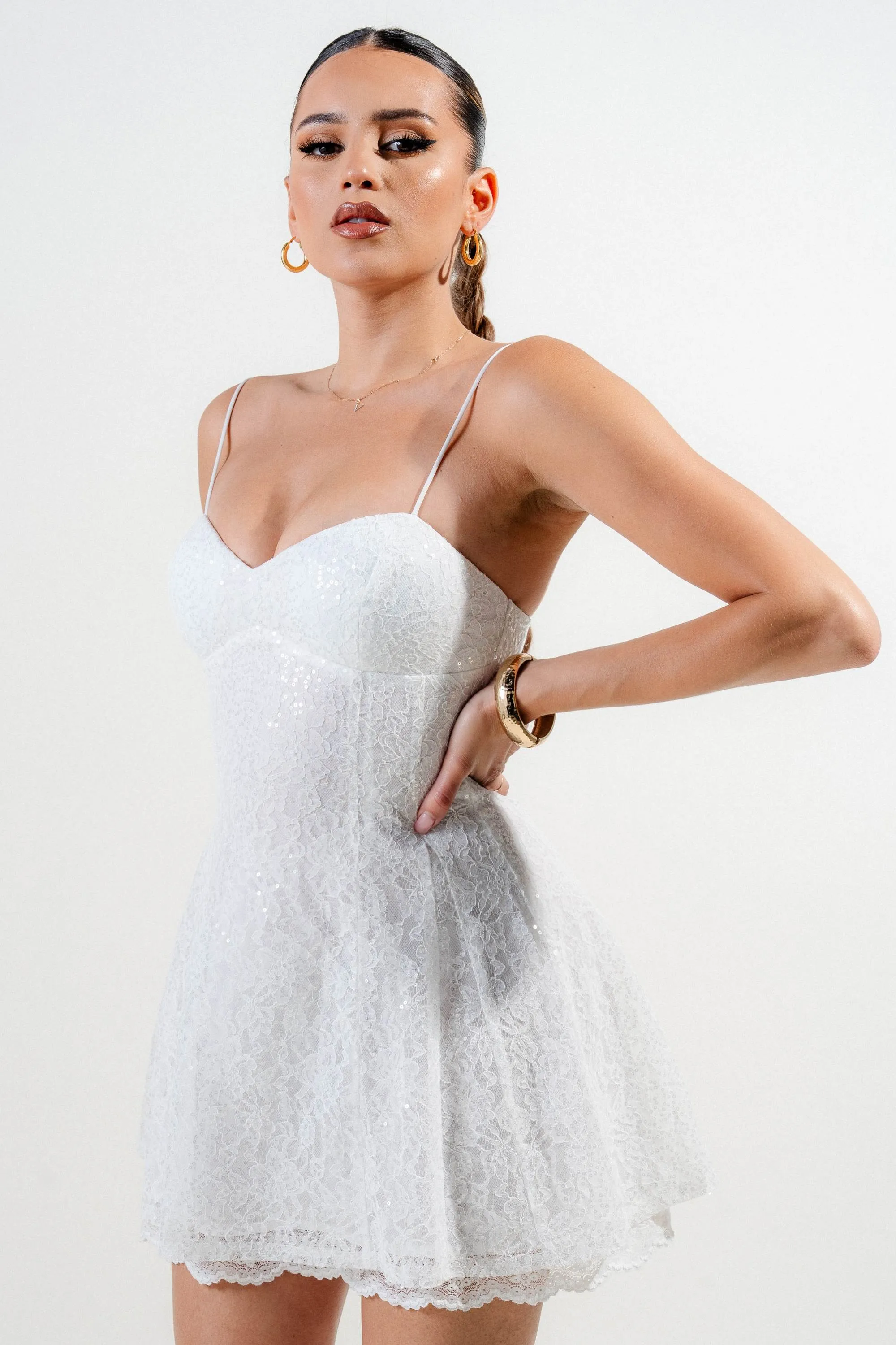 PD79003E / SEQUIN LACE TRIM INSET BUSTIER FIT & FLARE MINI DRESS sold by privy