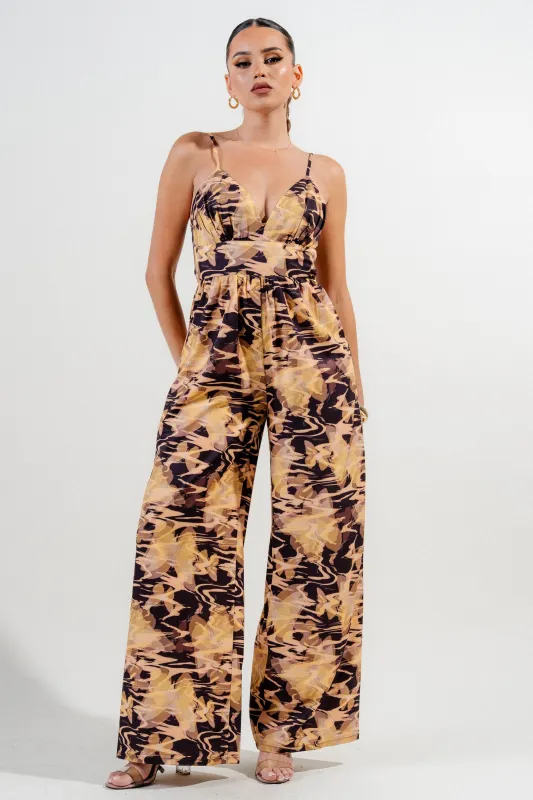 PJ11280E / WOVEN PRINT SPAGHETTI STRAP BACK TIE WIDE LEG JUMPSUIT made by privy