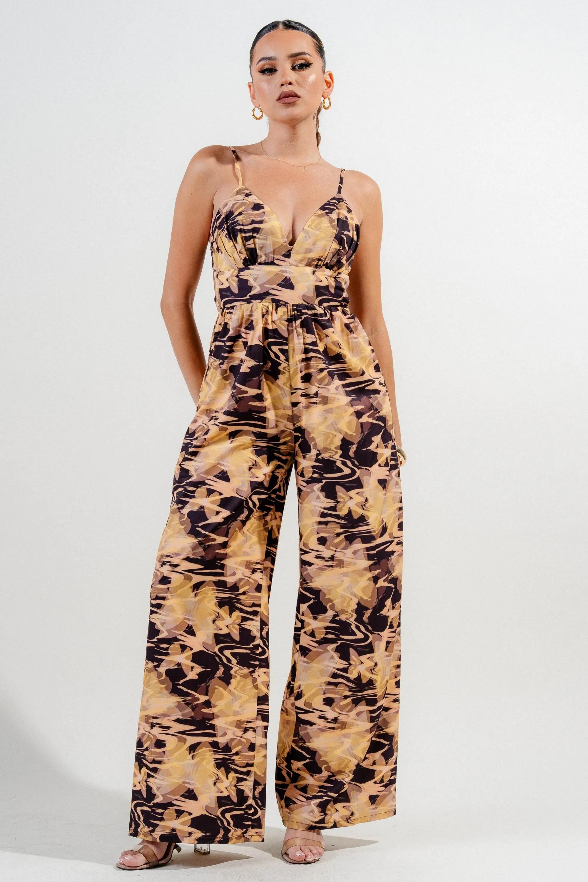 PJ11280E / WOVEN PRINT SPAGHETTI STRAP BACK TIE WIDE LEG JUMPSUIT sold by privy