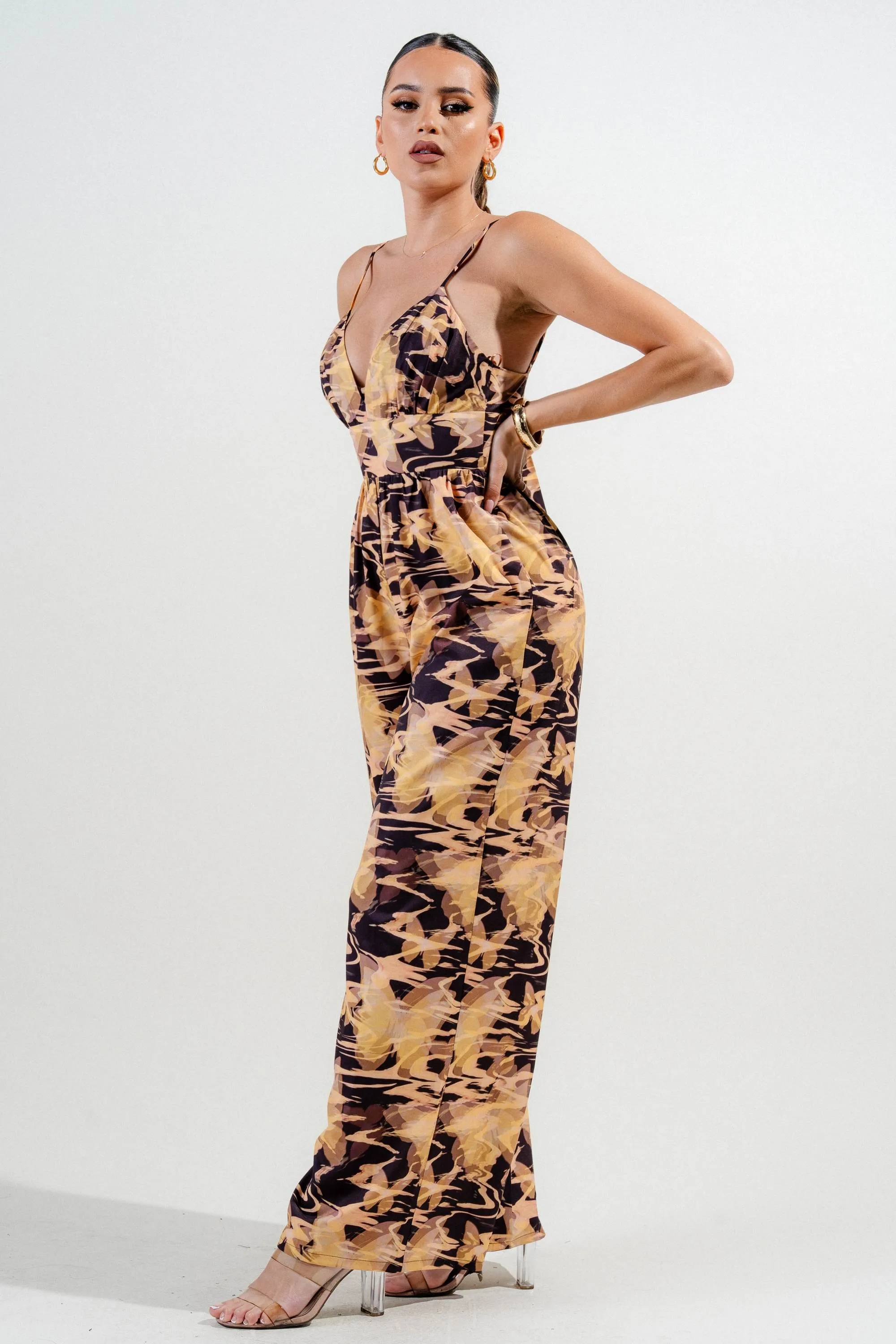 PJ11280E / WOVEN PRINT SPAGHETTI STRAP BACK TIE WIDE LEG JUMPSUIT sold by privy product image thumbnail 2