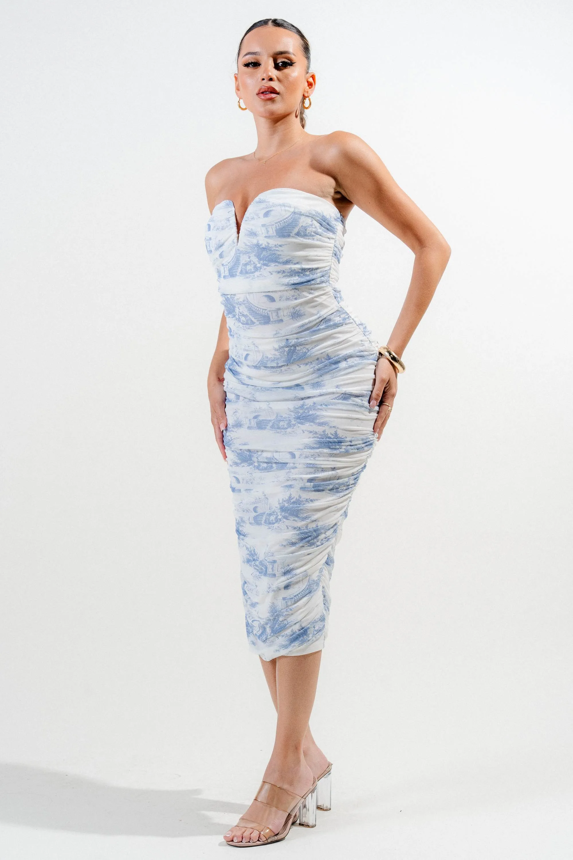 PD79094NST / WIRE INSET TUBE RUCHING MIDI MESH PRINT DRESS sold by privy product image thumbnail 2