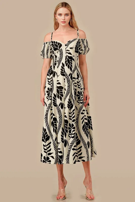 ADWS30132S / WOVEN PRINT OFF SHOULDER MIDI DRESS sold by privy