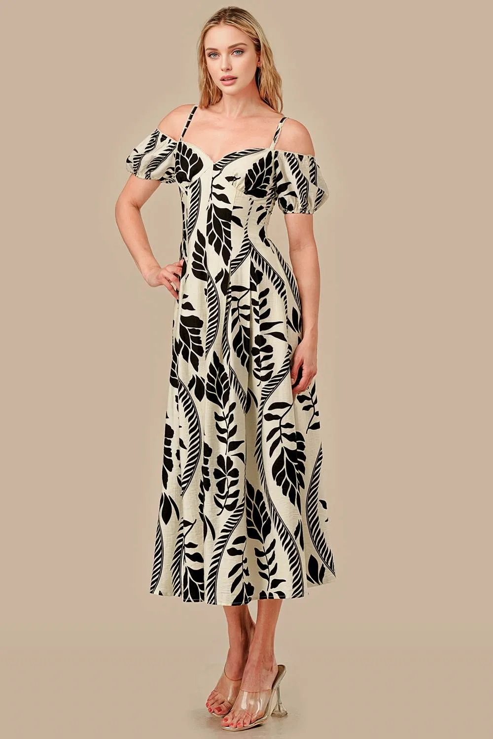 ADWS30132S / WOVEN PRINT OFF SHOULDER MIDI DRESS sold by privy product image thumbnail 5