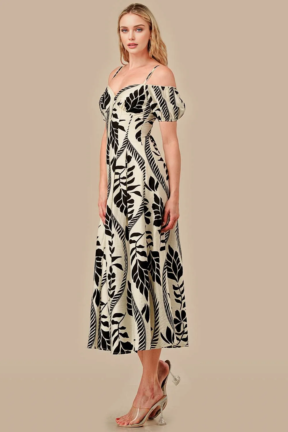 ADWS30132S / WOVEN PRINT OFF SHOULDER MIDI DRESS sold by privy product image thumbnail 2