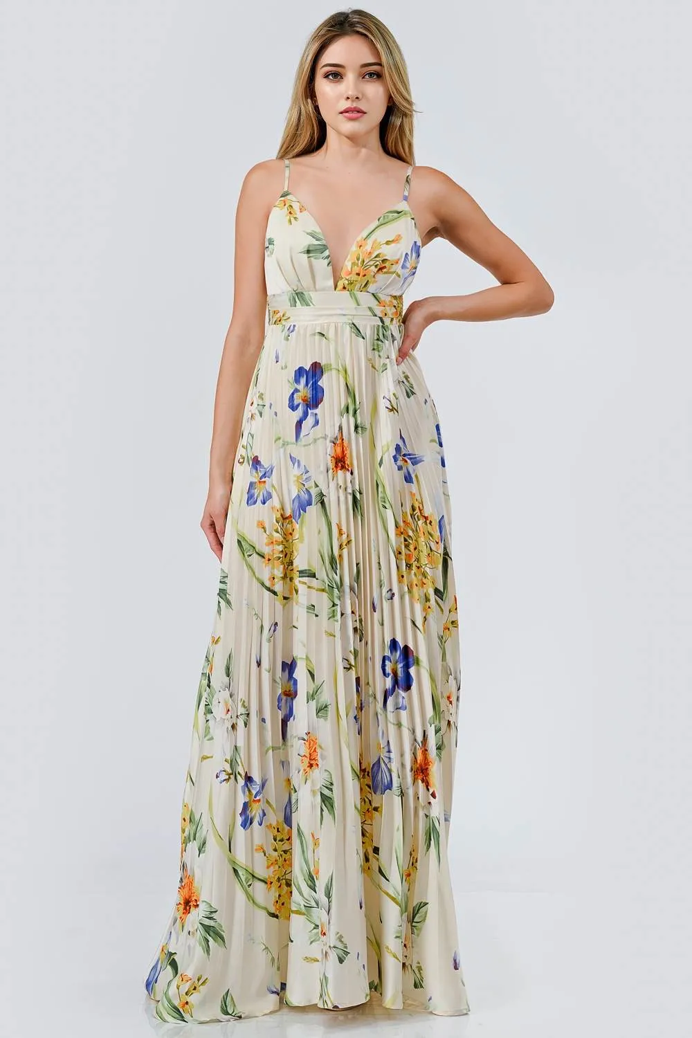 ADWF30175S / PLEATED WOVEN PRINT MAXI DRESS sold by privy