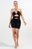 PD79015K / METALLIC LUREX KNIT HALTER CUTOUT FRONT RUCHING MINI DRESS sold by privy