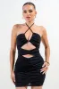 PD79015K / METALLIC LUREX KNIT HALTER CUTOUT FRONT RUCHING MINI DRESS sold by privy