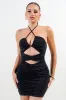 PD79015K / METALLIC LUREX KNIT HALTER CUTOUT FRONT RUCHING MINI DRESS sold by privy