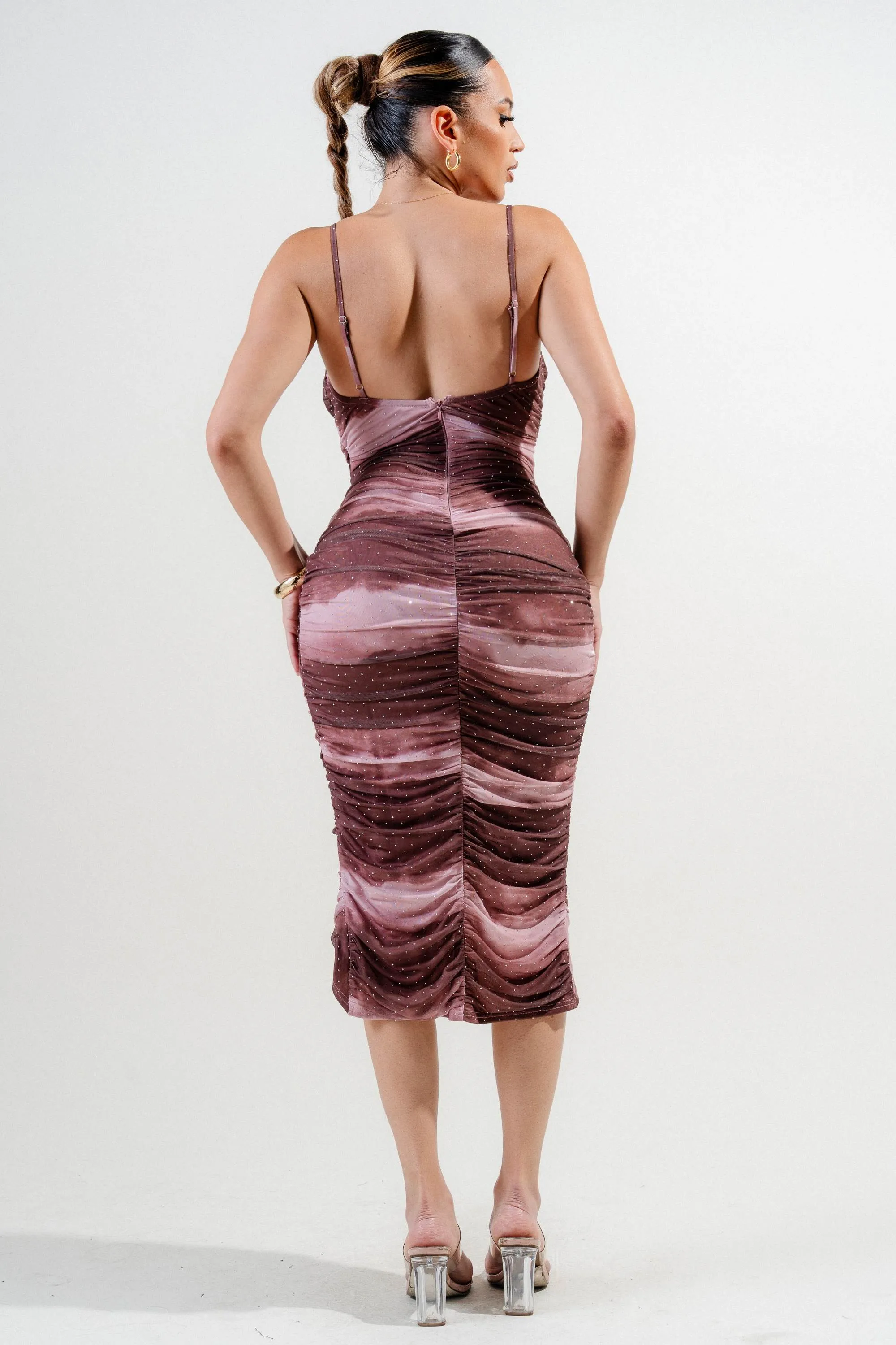 HD30057B / ABSTRACT PRINT MESH W RHINESTONE RUCHED MIDI DRESS sold by privy product image thumbnail 3