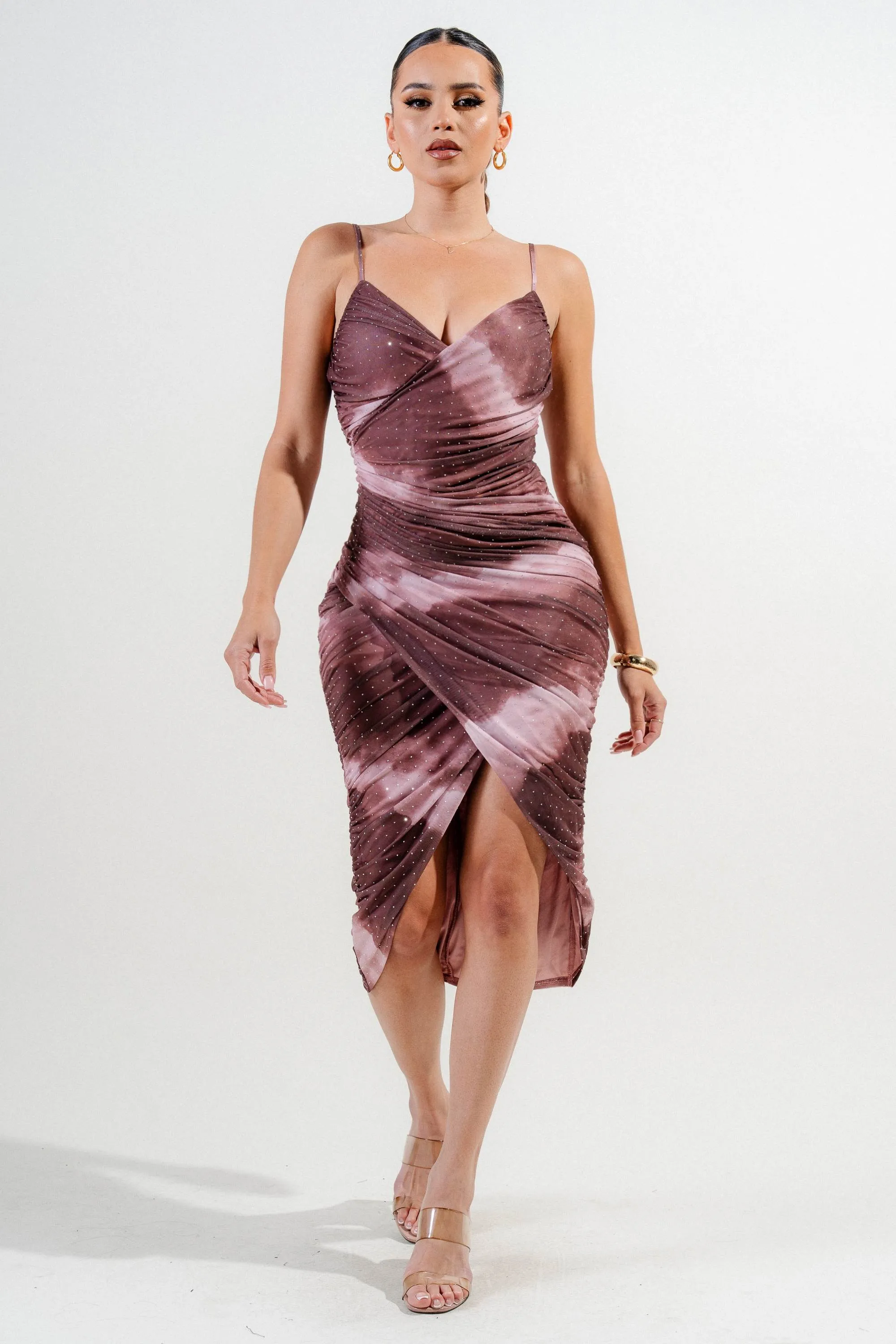 HD30057B / ABSTRACT PRINT MESH W RHINESTONE RUCHED MIDI DRESS sold by privy