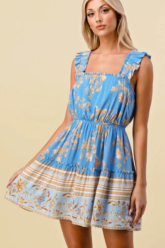 BD10236S / TRENDY PRINT SQUARE NECK RUFFLE MINI DRESS sold by privy