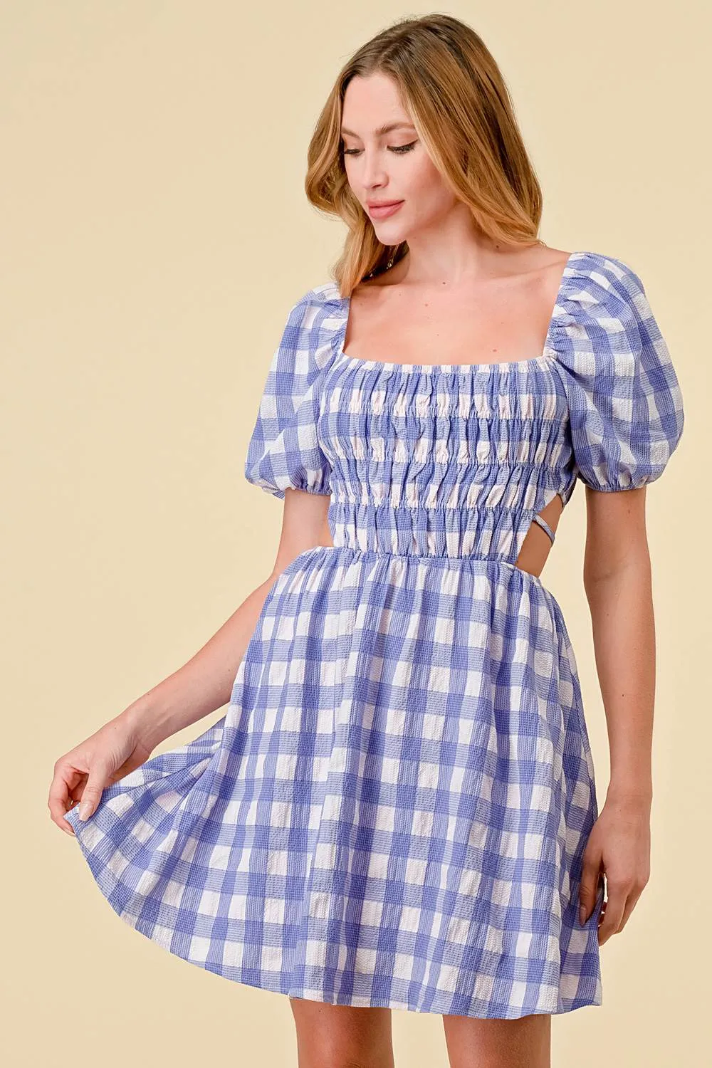 BD10364K / GINGHAM SMOCKED OPEN BACK DRAWSTRING MINI DRESS sold by privy product image thumbnail 3