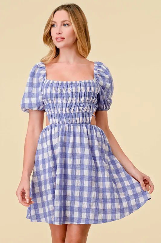 BD10364K / GINGHAM SMOCKED OPEN BACK DRAWSTRING MINI DRESS sold by privy