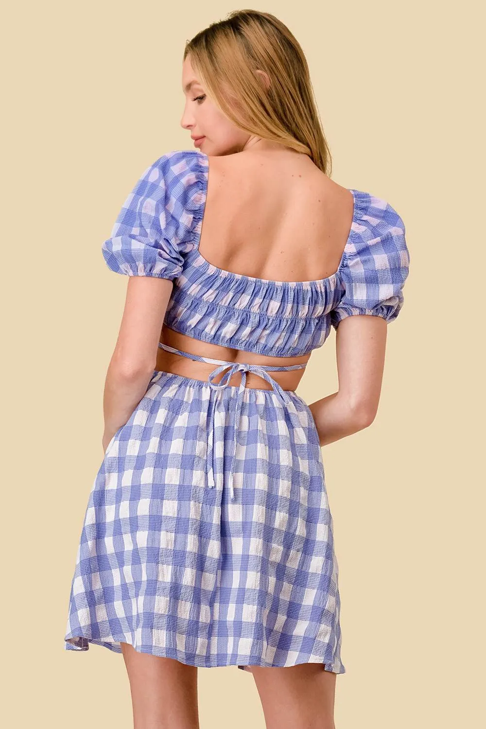 BD10364K / GINGHAM SMOCKED OPEN BACK DRAWSTRING MINI DRESS sold by privy product image thumbnail 4