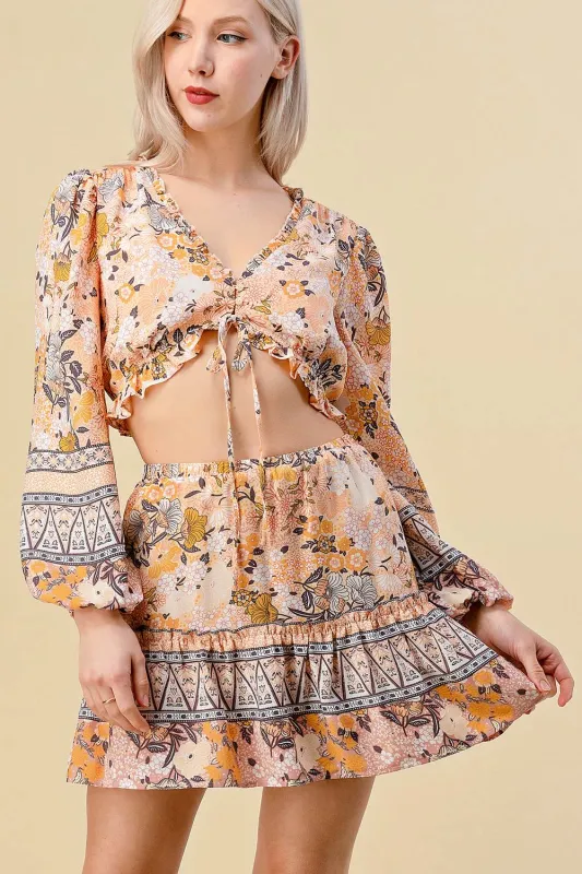 BS3154S / FLORAL PRINT RUCHED CROP TOP AND SKIRT SET sold by privy