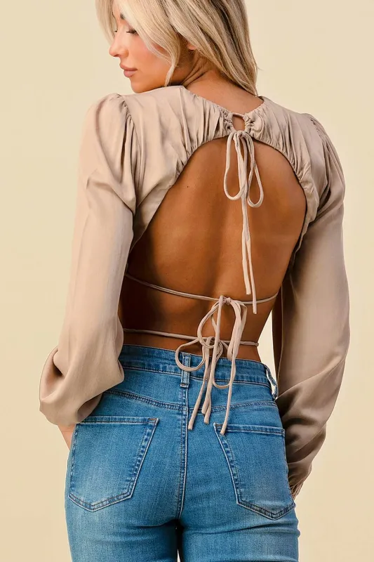 BT1347E / TRENDY OPEN BACK TIE LONG SLEEVE CROPPED TOP sold by privy