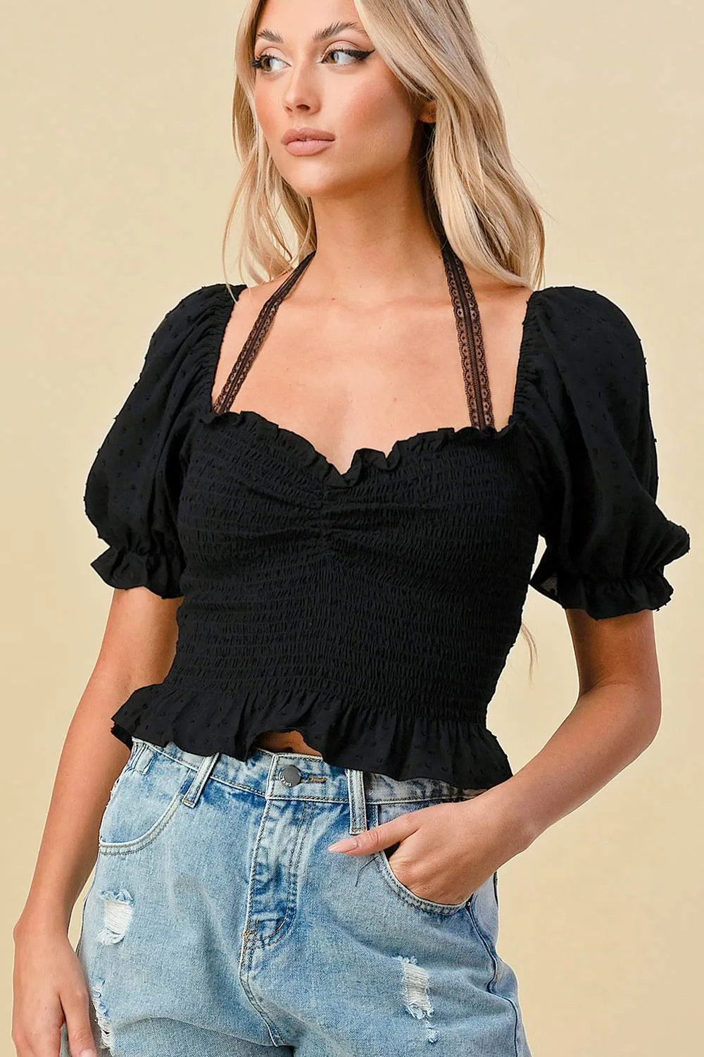 BT1400B / SMOCKED SQUARE NECK RUFFLED DETAIL TOP WITH LACE NECK TIE sold by privy