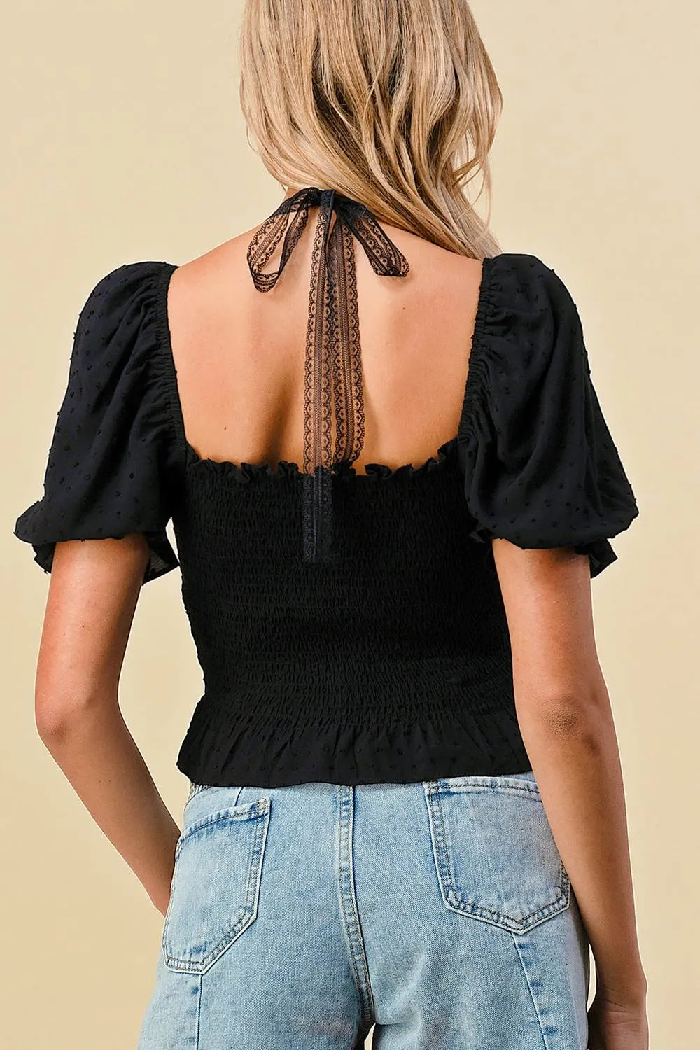 BT1400B / SMOCKED SQUARE NECK RUFFLED DETAIL TOP WITH LACE NECK TIE sold by privy product image thumbnail 3