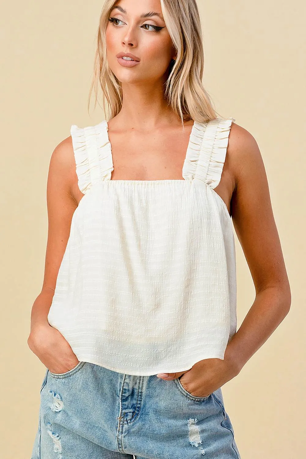 BT1407C / FLOWY CAMI WITH RUFFLED DETAIL STRAPS TOP sold by privy