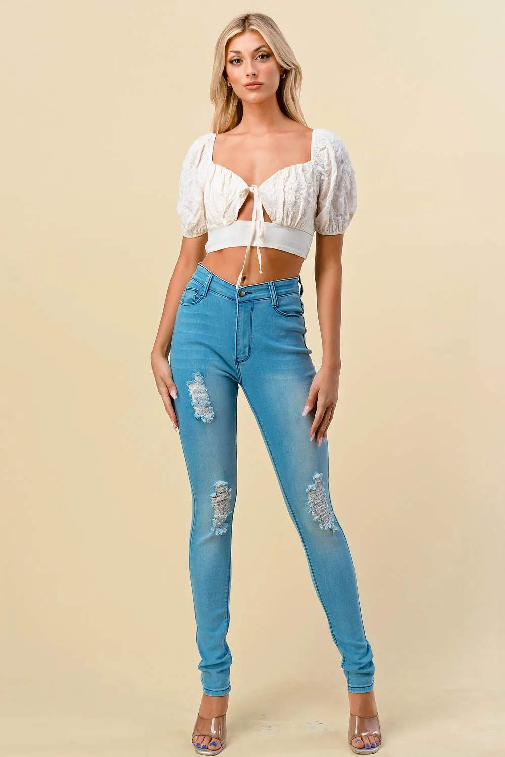 BT1439S / SMOCKED SWEETHEART KEY HOLE TIE CROPPED TOP sold by privy product image thumbnail 4