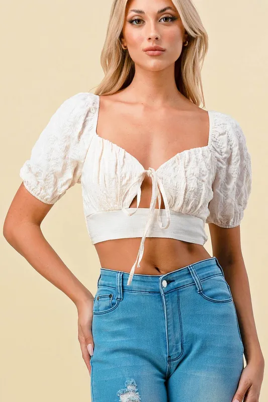 BT1439S / SMOCKED SWEETHEART KEY HOLE TIE CROPPED TOP sold by privy