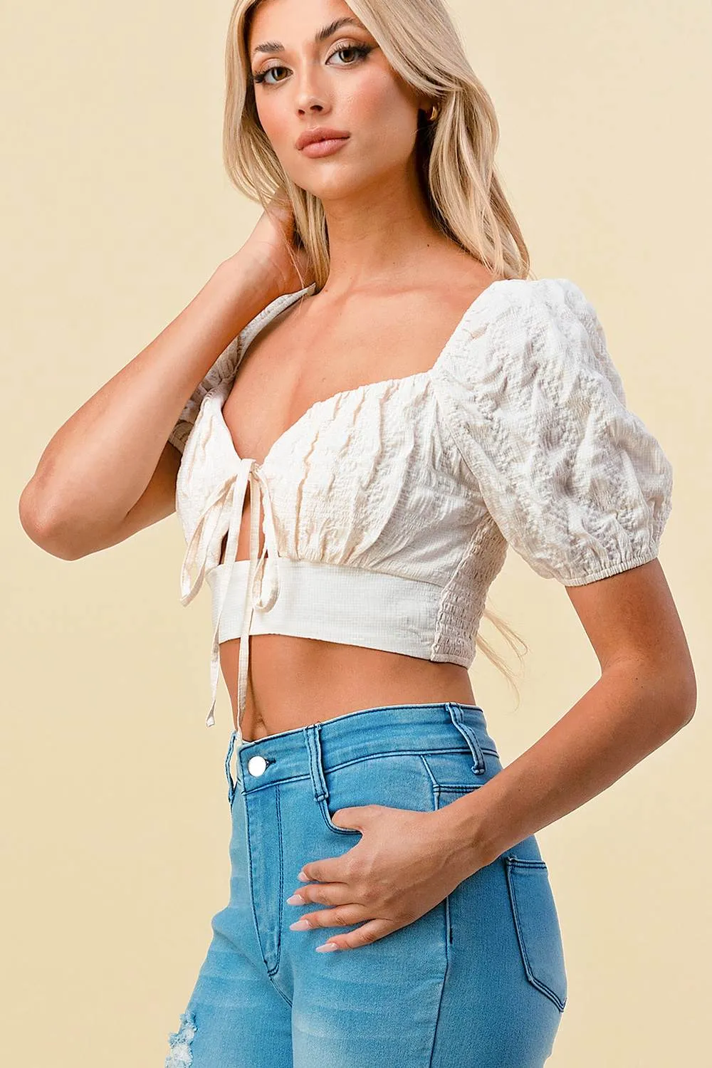 BT1439S / SMOCKED SWEETHEART KEY HOLE TIE CROPPED TOP sold by privy product image thumbnail 2