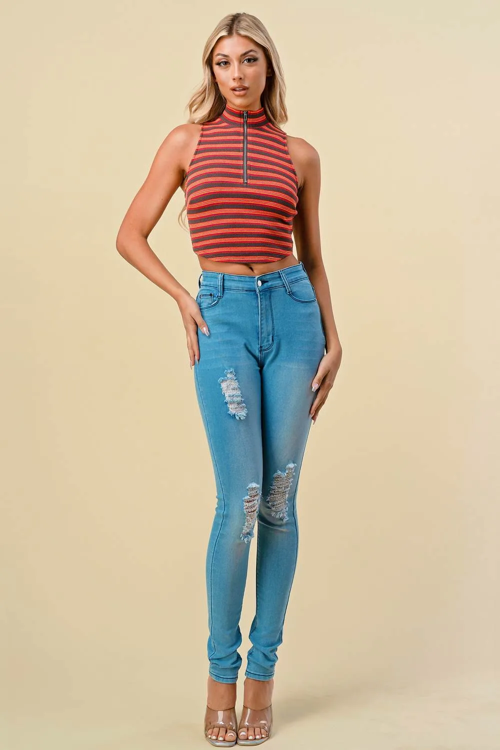 BT1665H / STRIPE ZIPPER CLOSURE MOCK NECK CROP TOP sold by privy product image thumbnail 4