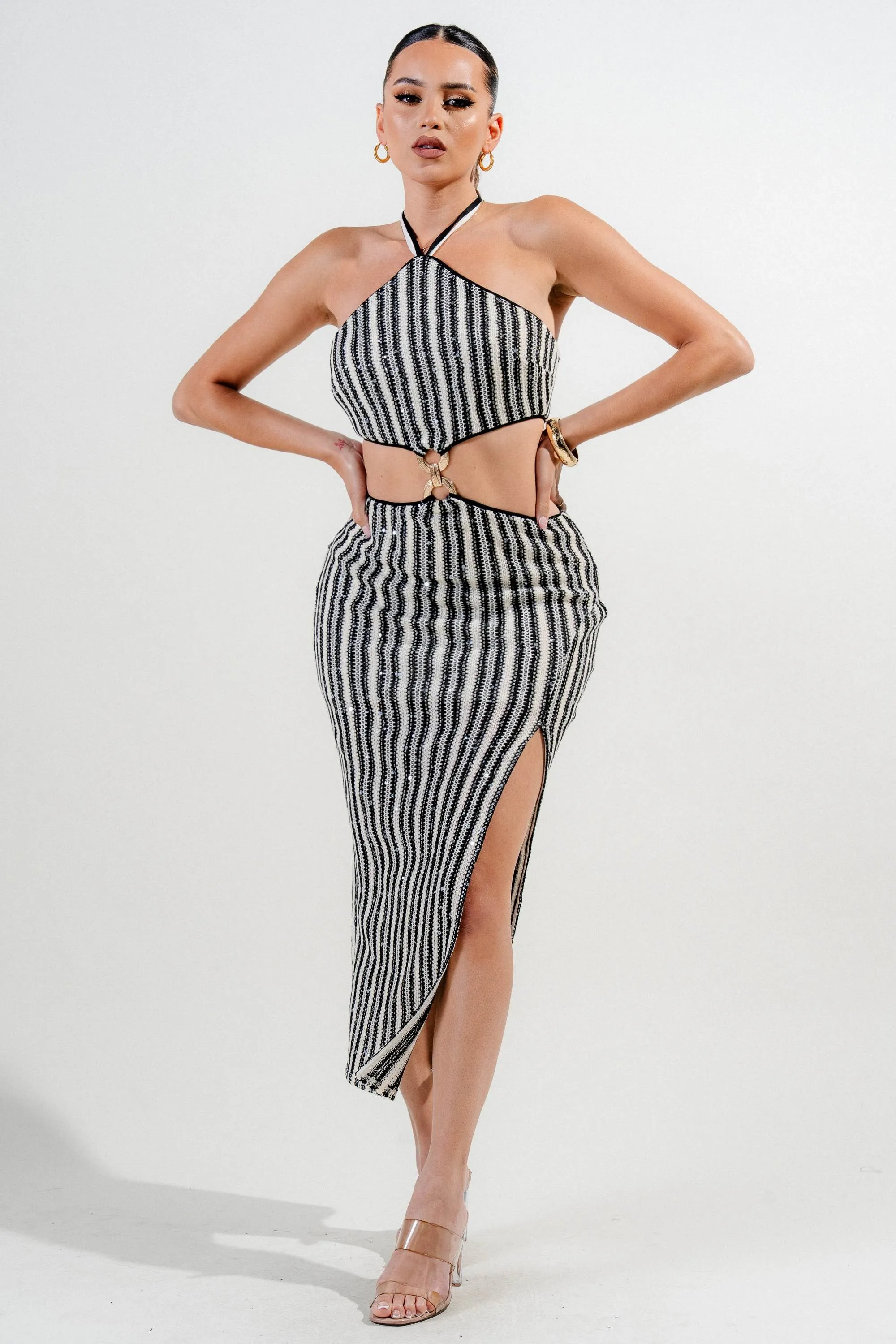 HD30085KST / SOLID CUT & SEW KNIT CUT OUT WAIST TIE NECK MIDI DRESS sold by privy product image thumbnail 2