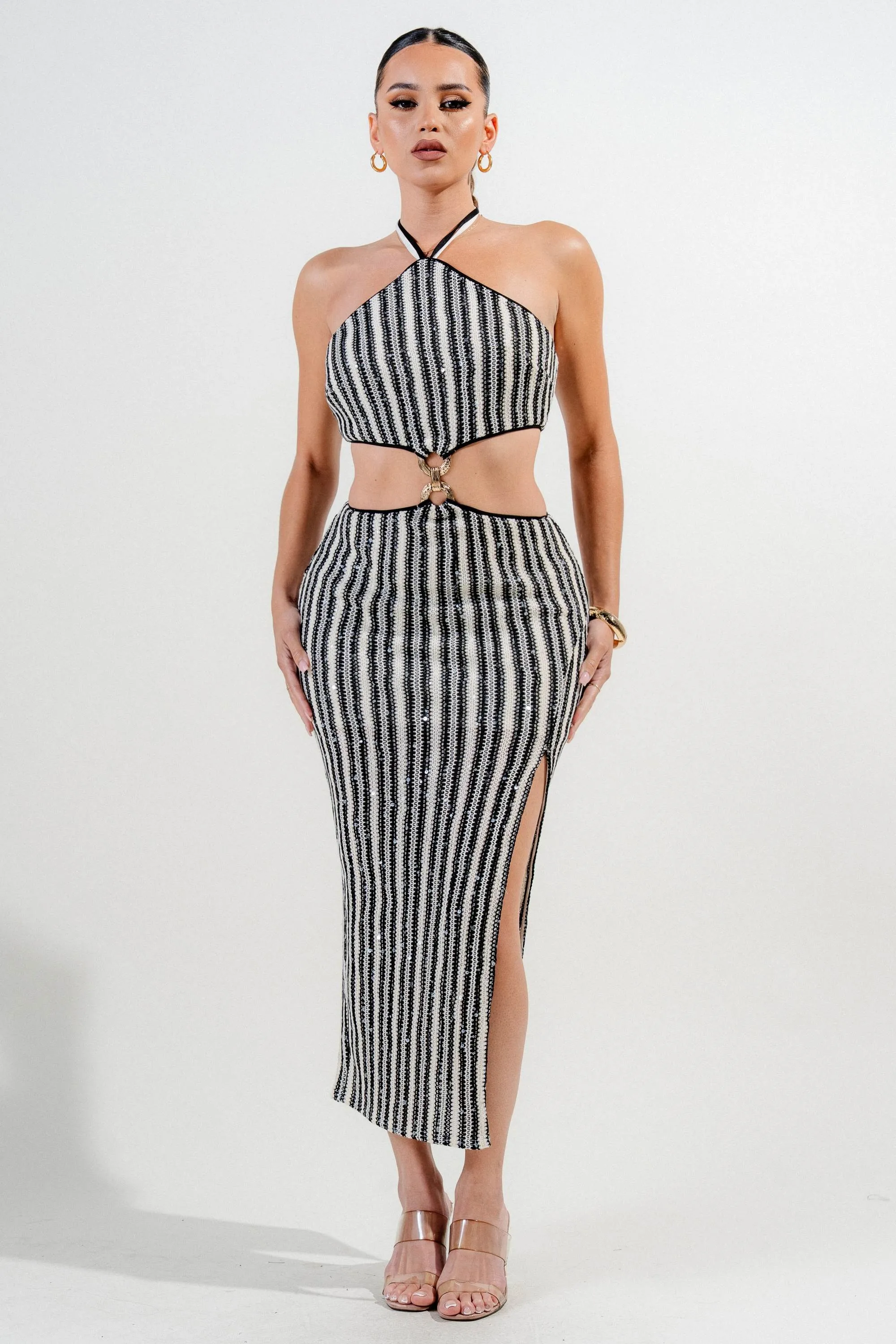 HD30085KST / SOLID CUT & SEW KNIT CUT OUT WAIST TIE NECK MIDI DRESS sold by privy product image thumbnail 4