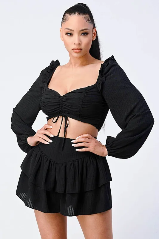 PS8526S / CHIFFON RUCHED KNOT TOP AND RUFFLED SHORTS SETS sold by privy