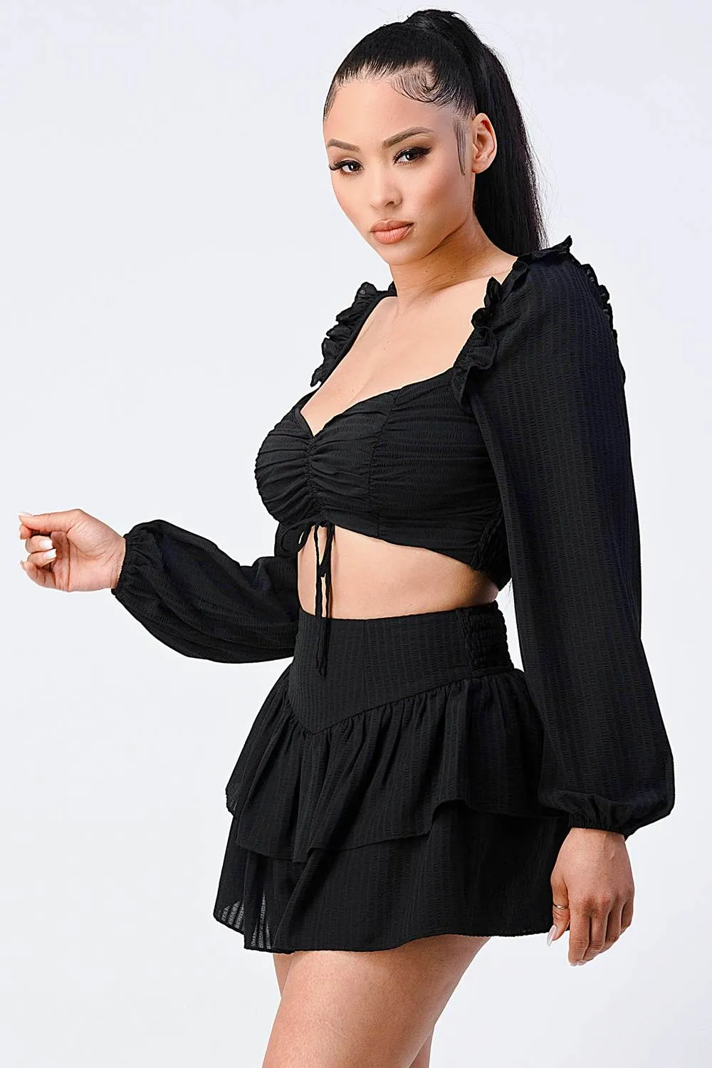 PS8526S / CHIFFON RUCHED KNOT TOP AND RUFFLED SHORTS SETS sold by privy product image thumbnail 2
