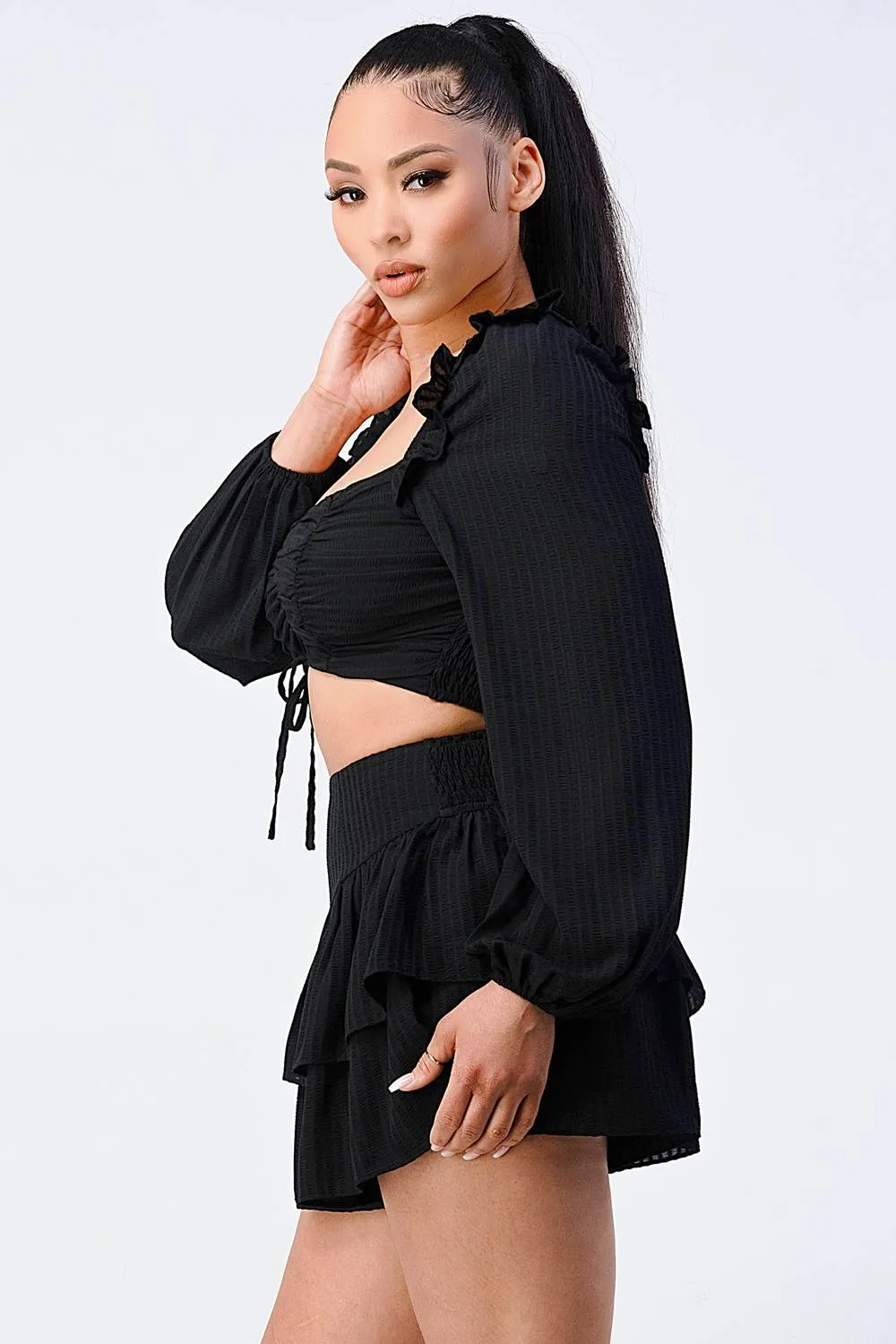 PS8526S / CHIFFON RUCHED KNOT TOP AND RUFFLED SHORTS SETS sold by privy product image thumbnail 3