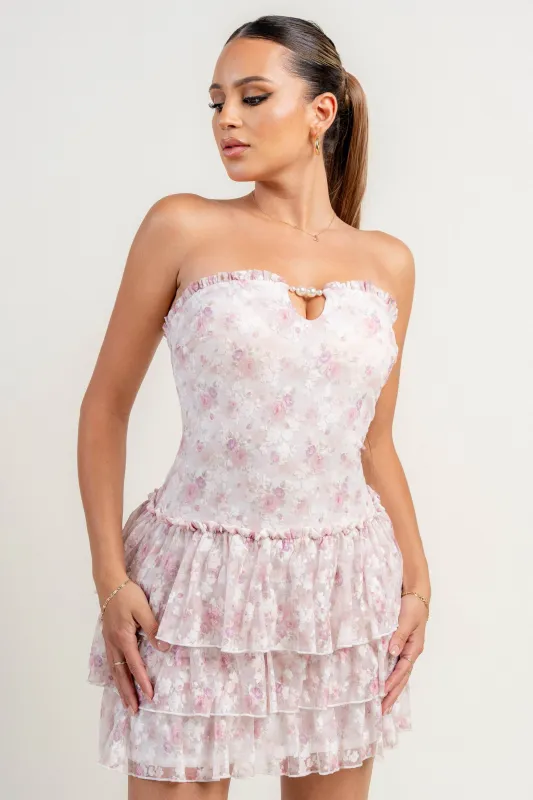 HD30074N / FLOCKING MESH PRINT W/ PEARL STRING RUFFLE HEM MINI DRESS sold by privy