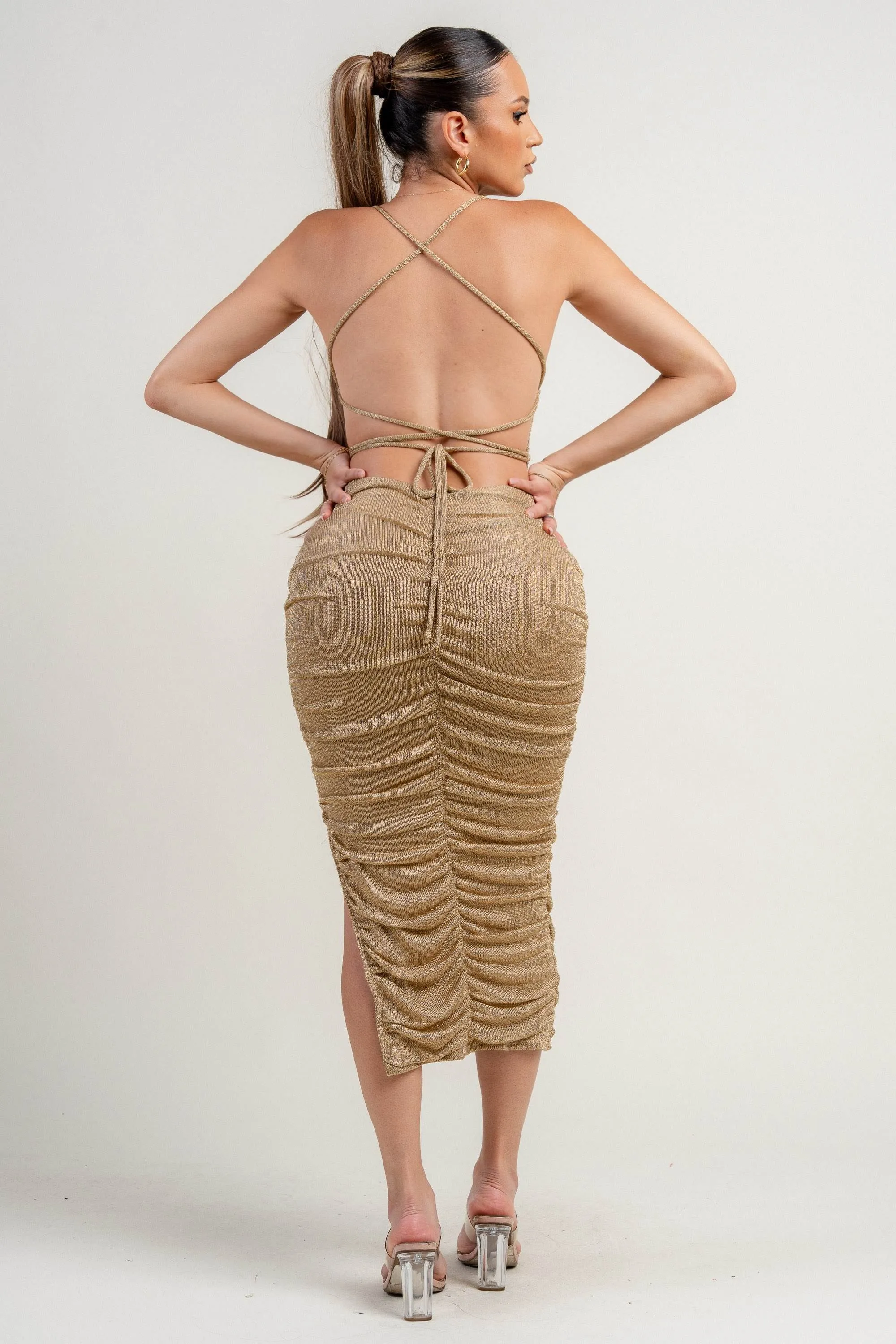 PD79090BST / METALLIC FISHNET KNIT SWEET HEART LACE UP BACK RUCHING MAXI DRESS sold by privy product image thumbnail 3