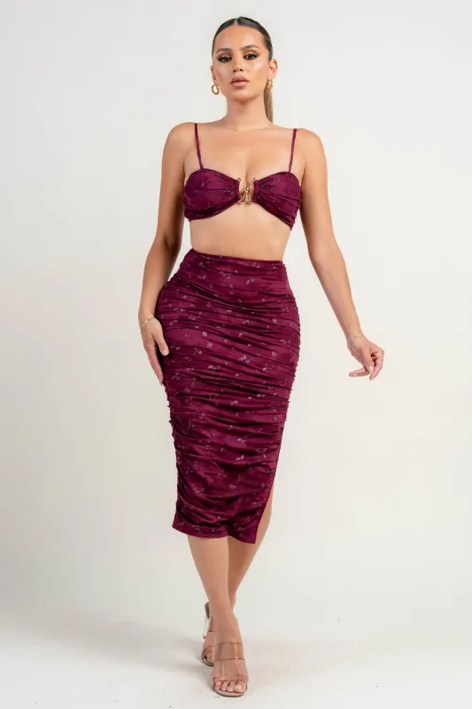 PD79039EST / METALLIC GLITTER MESH TRIM INSET BUSTIER CUTOUT RUCHED MIDI DRESS sold by privy