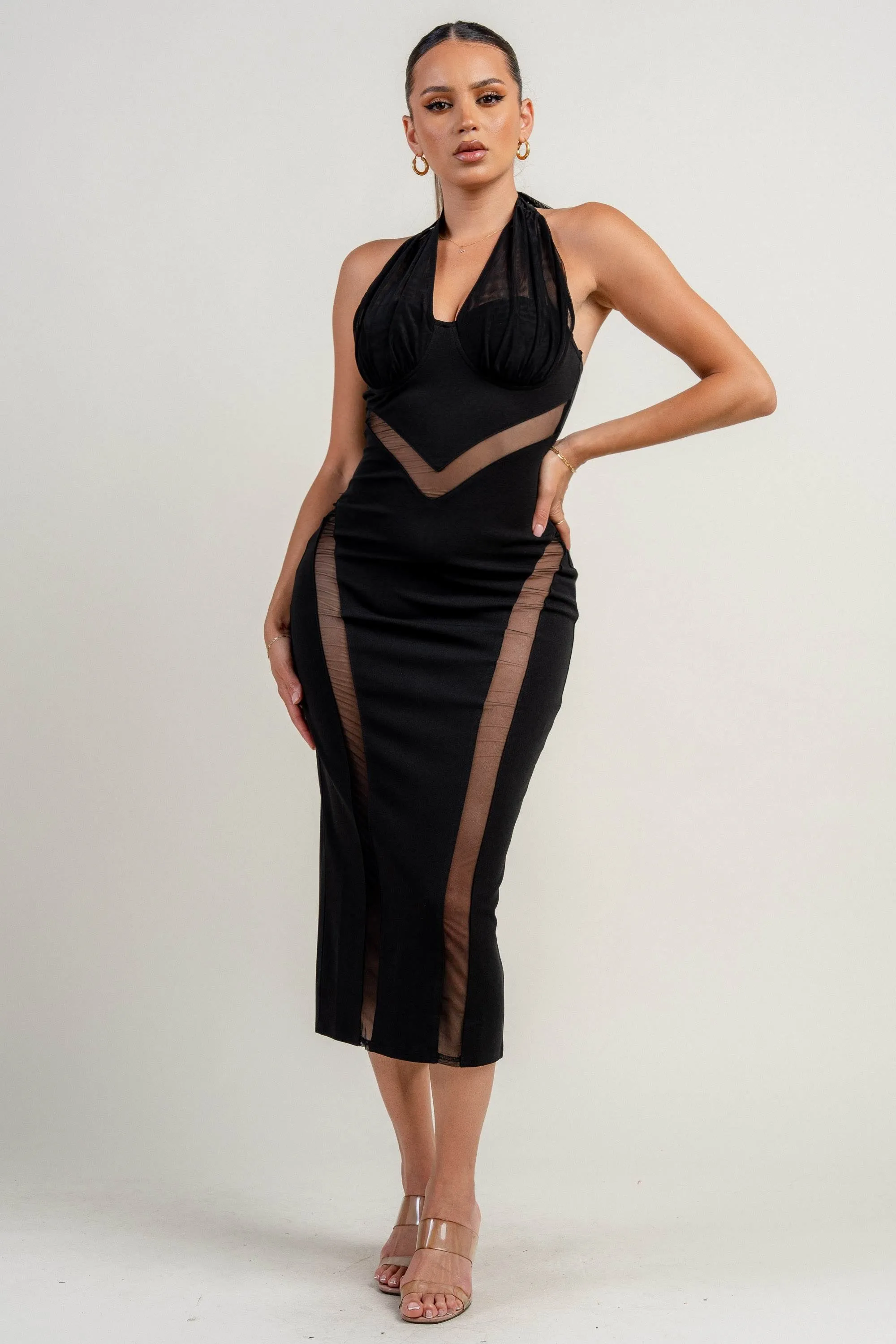 PDKF78836B / TECHNO CREPE HALTER NECK MESH CONTRAST CUTOUT DETAIL MIDI DRESS sold by privy