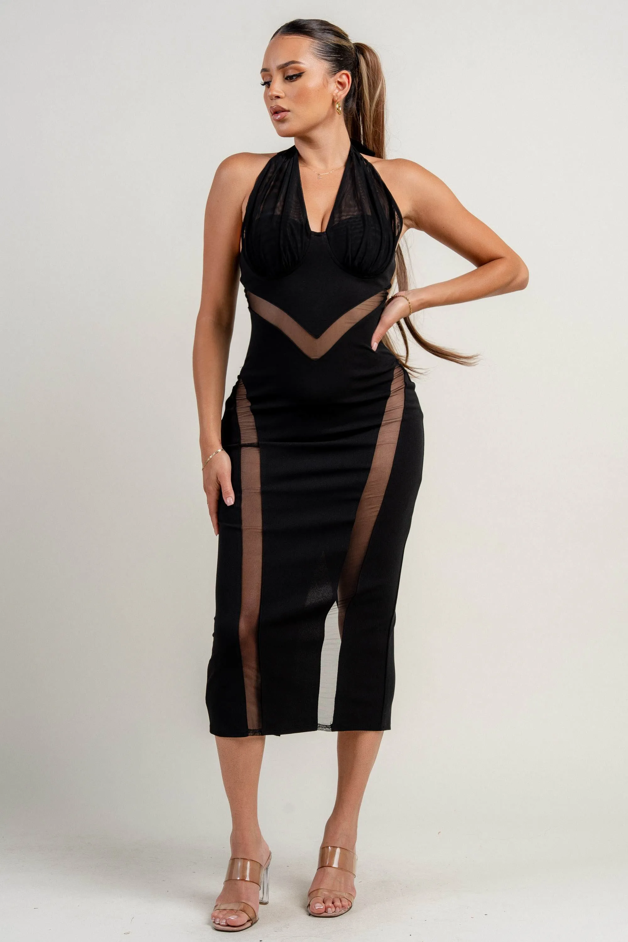 PDKF78836B / TECHNO CREPE HALTER NECK MESH CONTRAST CUTOUT DETAIL MIDI DRESS sold by privy product image thumbnail 2