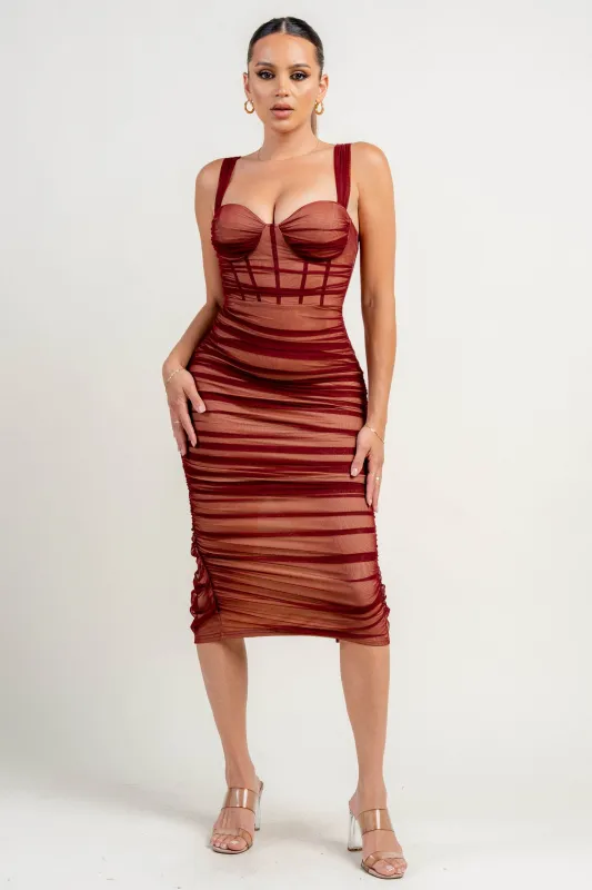 PD79064NTP / SHEER MESH CORSET PIPPING W/ WIRE INSET SEETHROUGH MIDI DRESS sold by privy