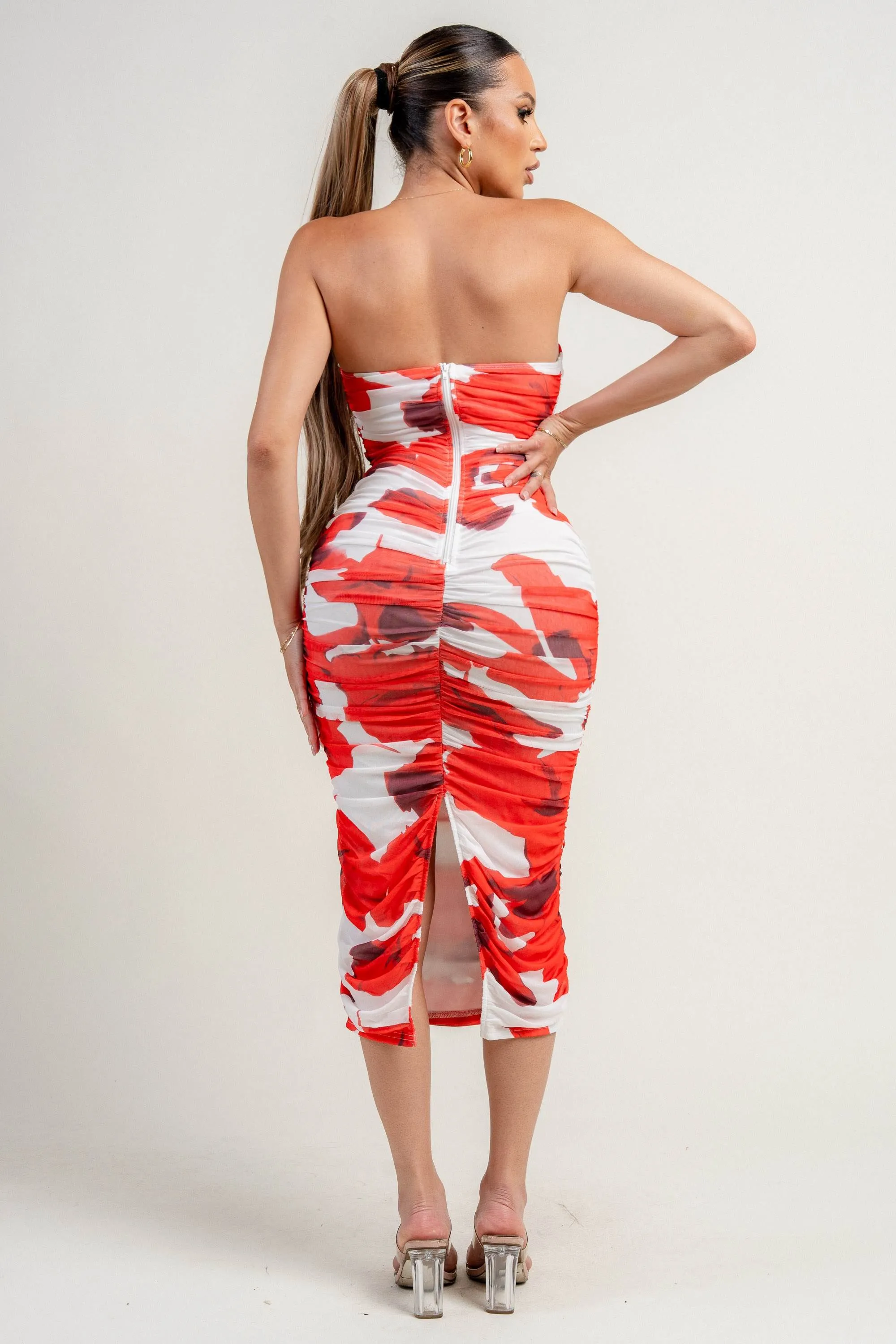 PD79082NST / MESH PRINT WIRE INSET TUBE BACK SLIT RUCHING MIDI DRESS sold by privy product image thumbnail 3