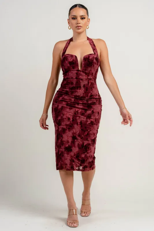 PDKF78905B / MESH VELVET FLOCKING WIRE INSET HALTER NECK MIDI DRESS sold by privy