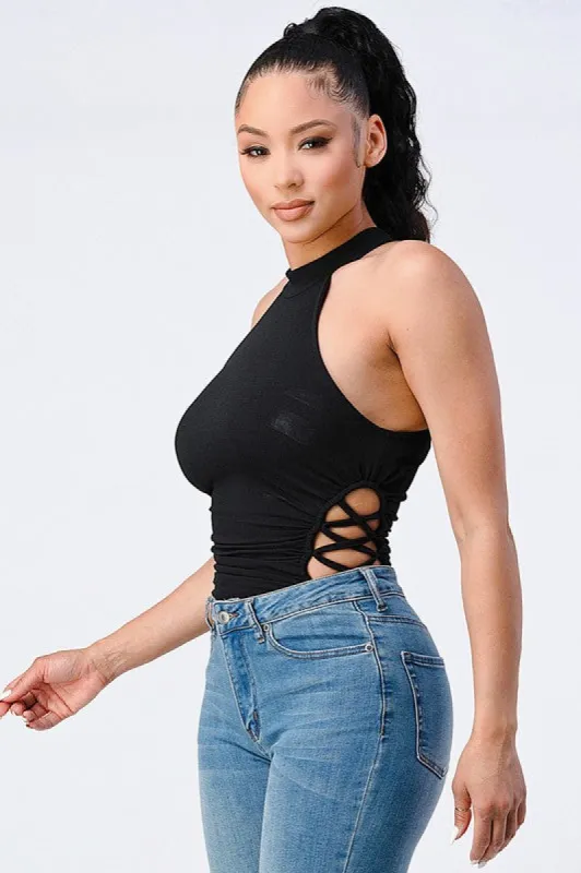 SIDE CROSSED CUT-OUT MOCK SLEEVELESS BODYSUIT sold by privy