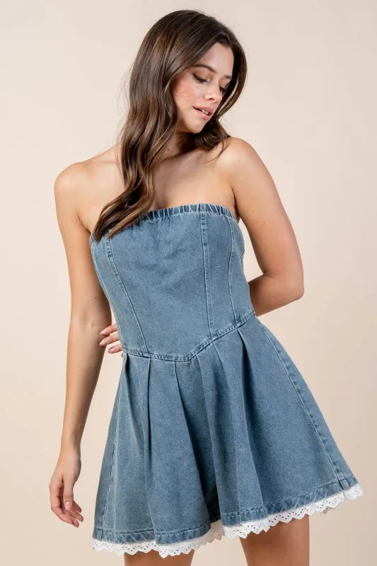 CD30247N / ELASTICATED TUBE DENIM SHORT DRESS W/ EYELET TRIMMED HEM sold by privy