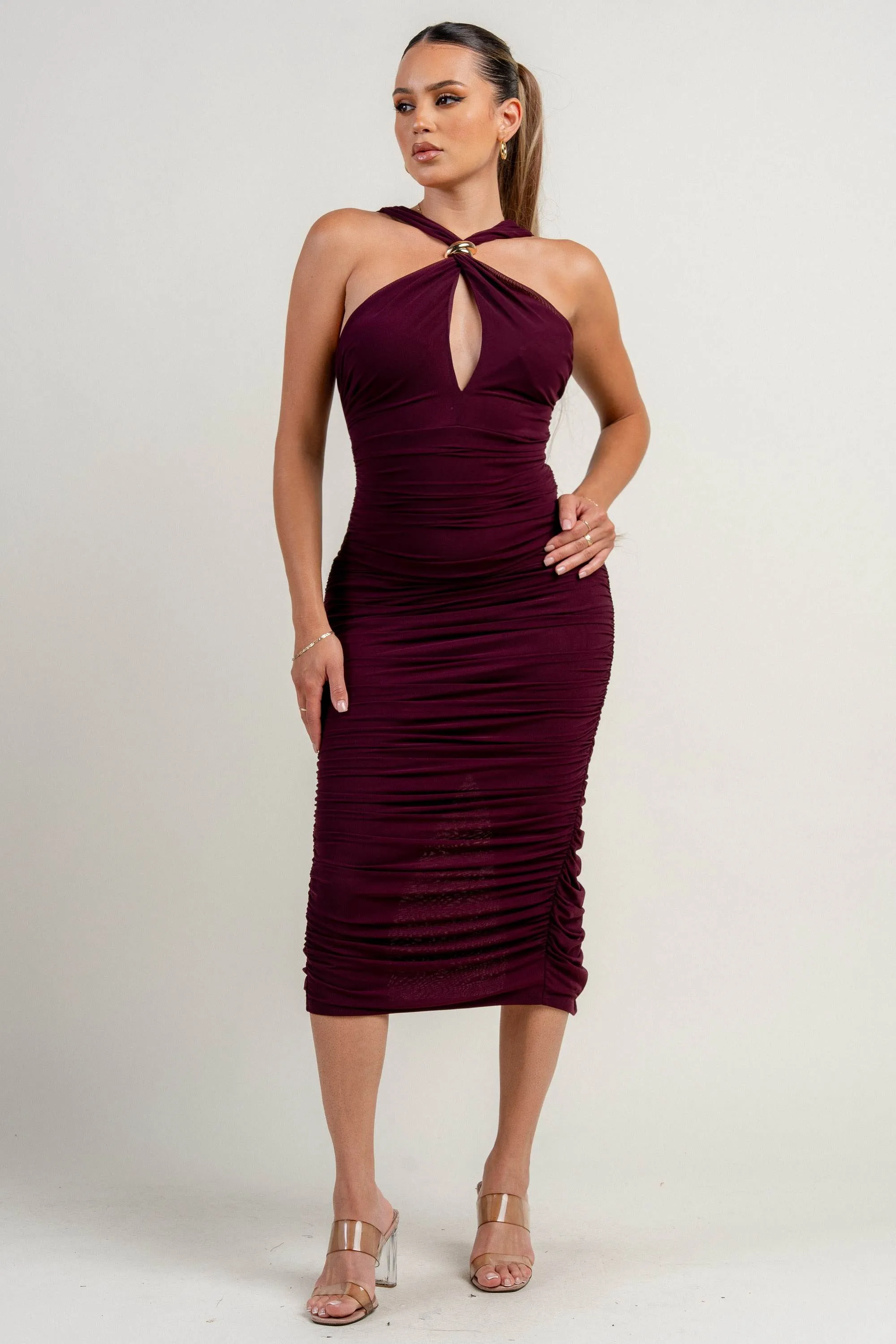 PD79134NST / HALTER NECK TRIM INSET RUCHED BODYCON MIDI DRESS sold by privy product image thumbnail 4