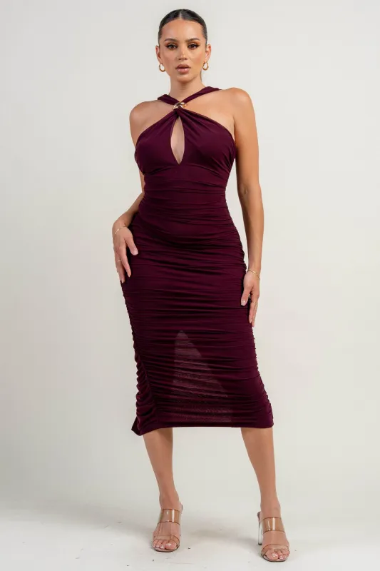 PD79134NST / HALTER NECK TRIM INSET RUCHED BODYCON MIDI DRESS sold by privy