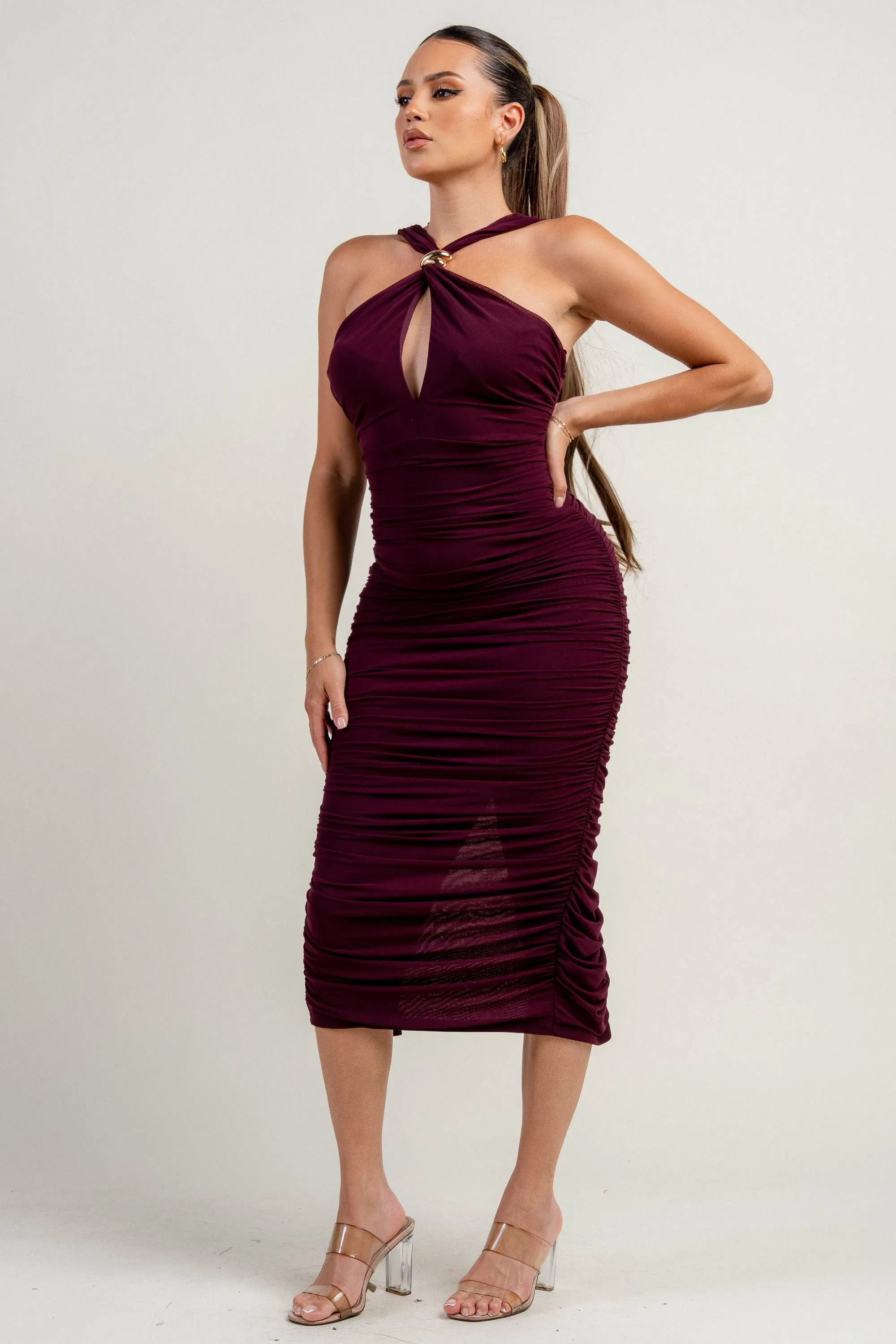 PD79134NST / HALTER NECK TRIM INSET RUCHED BODYCON MIDI DRESS sold by privy product image thumbnail 2