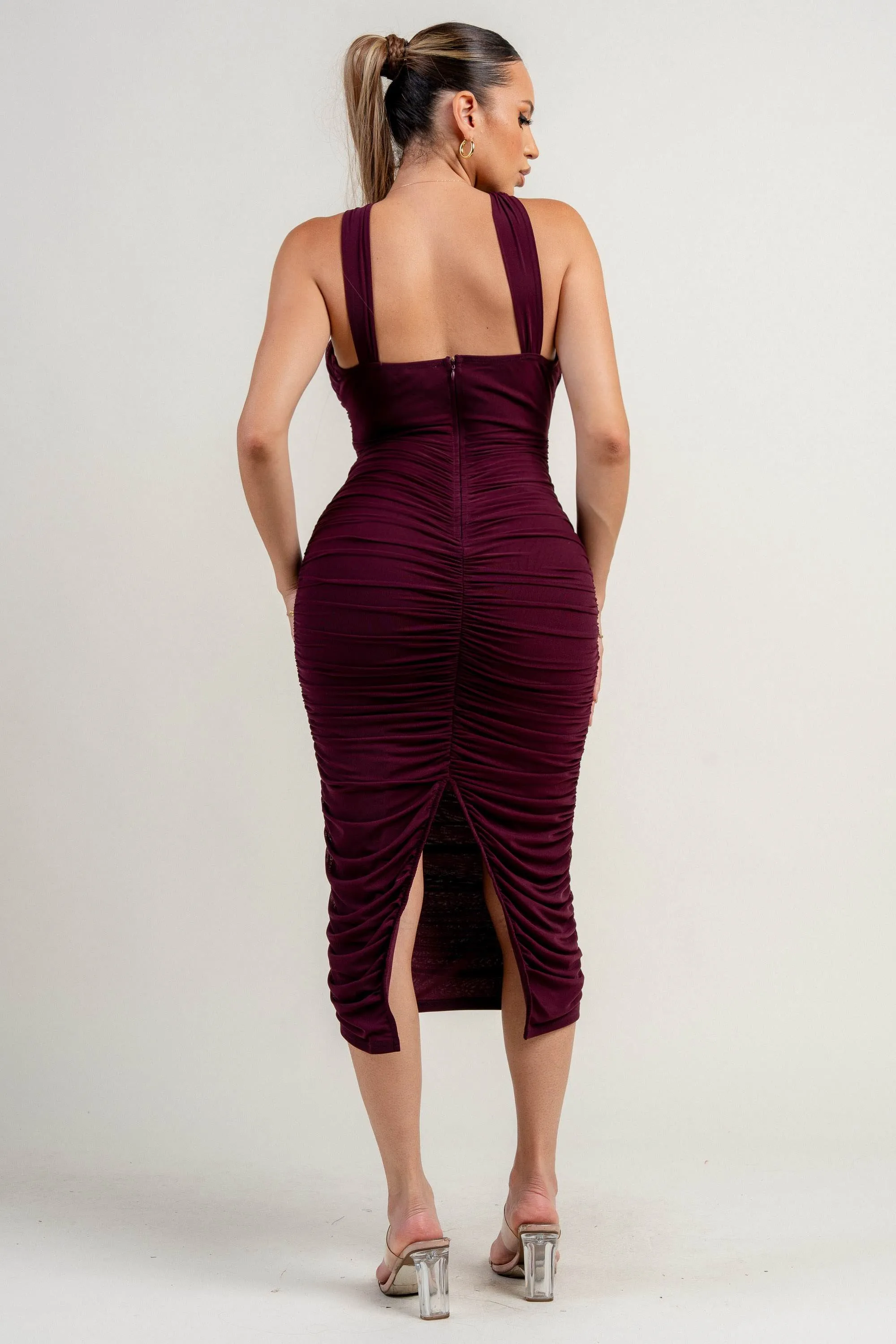 PD79134NST / HALTER NECK TRIM INSET RUCHED BODYCON MIDI DRESS sold by privy product image thumbnail 3