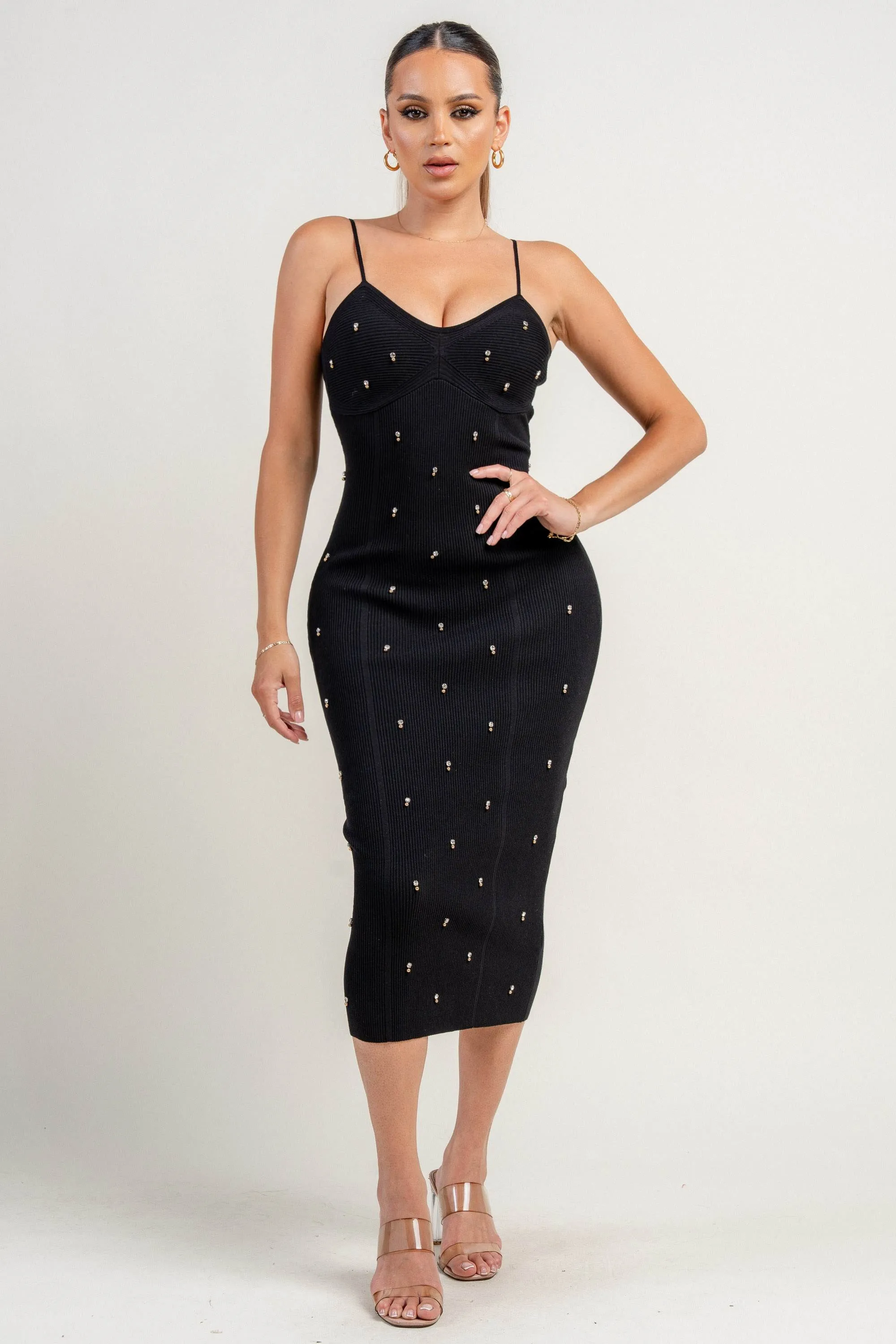 PDKF78939B / RIB SWEATER KNIT GOLD TRIM FRONT RIB SWEATER KNIT MIDI DRESS sold by privy