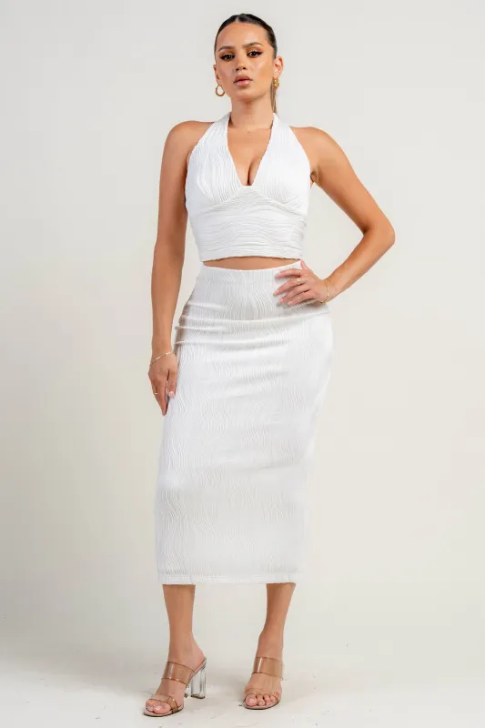 PS9816KTP / HALTER DEEP PLUNGE NECK TOP AND MIDI SKIRT SET sold by privy