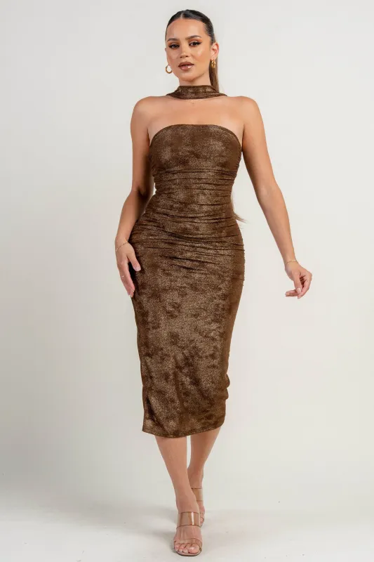 PD79053BTP / METALLIC NET MESH MOCK NECK TUBE RUCHING MIDI DRESS sold by privy